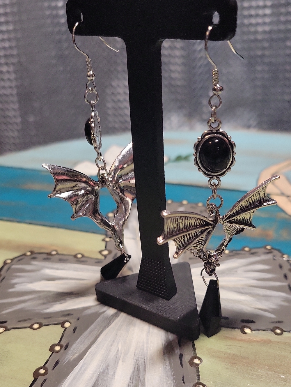 Silver Bat Dangle Earrings with Black Accent NWOT